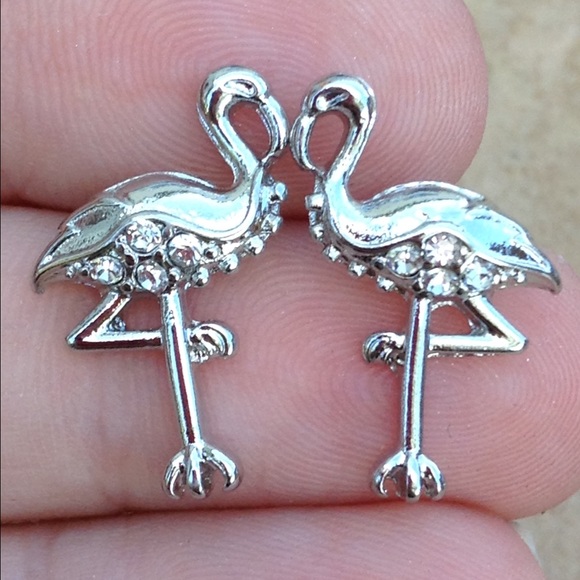 Jewelry - Silver Tone Crystal Flamingo Bird Stud Earrings