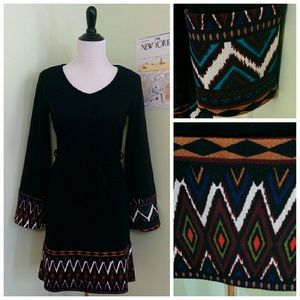 Sweater dress tribal trim waist tie NWOT