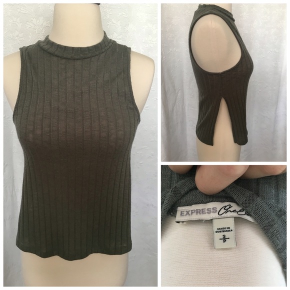 Express Ribbed Olive High-Necked Slit shirt