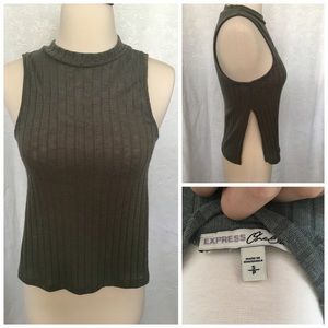 Express Ribbed Olive High-Necked Slit shirt