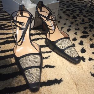 Manolo Blahnik lizard black and white pumps