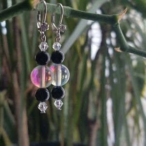 Natural stone black onyx & quartz earrings