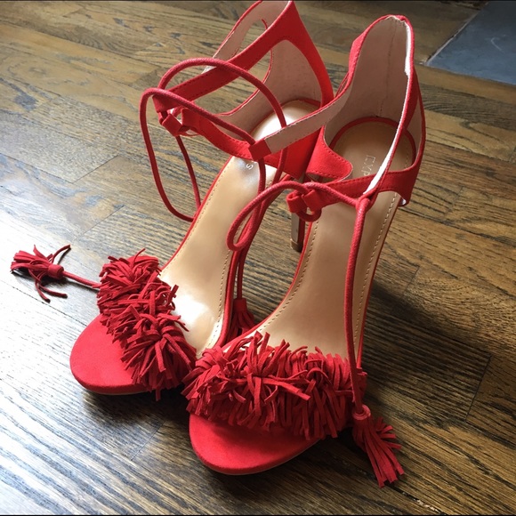 Express red fringe heeled tassel sandal