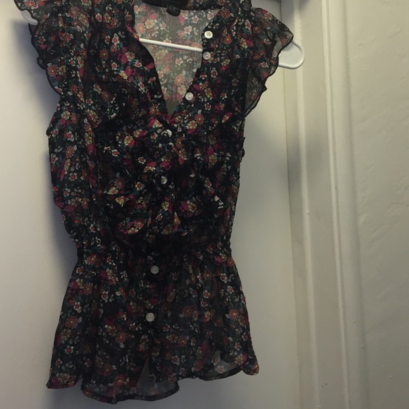 Sheer ruffle button top