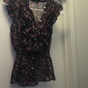 Sheer ruffle button top