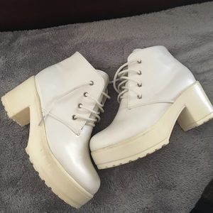 White chunky heeled lace up booties