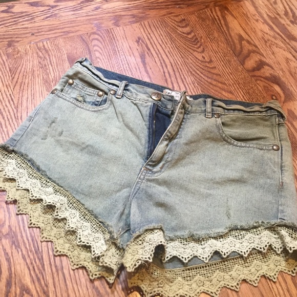 Free People Denim Shorts with Lace Detail