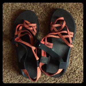 Red and orange Chacos!