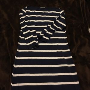 Navy+white striped body con 3/4 sleeve midi dress