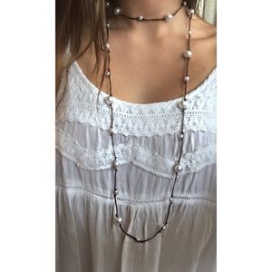 Brown and pearl beads wrap necklace