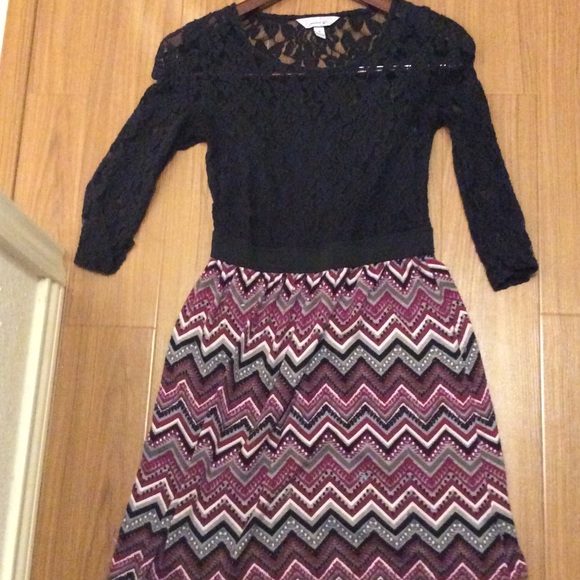 A maroon chevron dress with black lace
