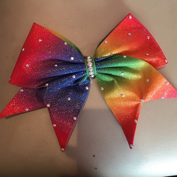 rainbow fabric cheer bow with scattered rhinestone