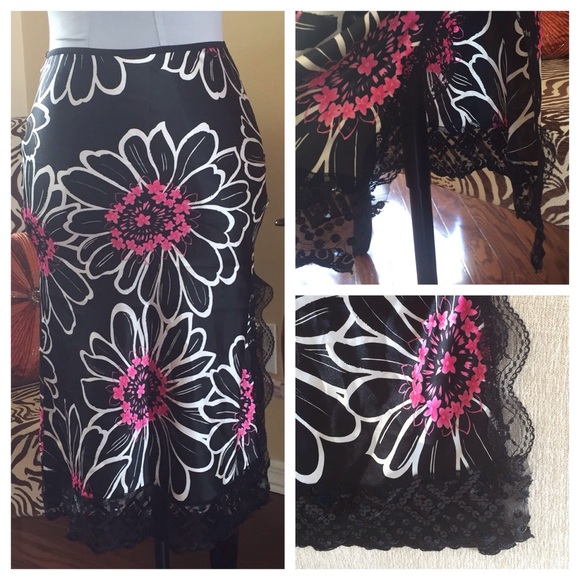 90's Satin Slip Skirt Bold Flower Print Lace