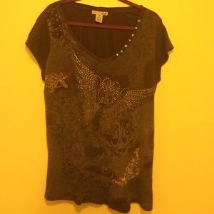 Brown Cotton V-neck T-shirt W: Sequins Tie Studs