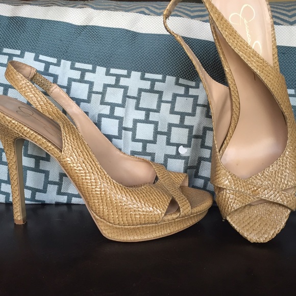 Tan Snakeskin Sling Back Platforms