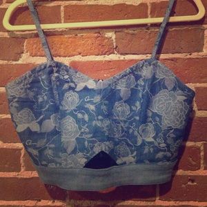 Cutout denim floral crop top