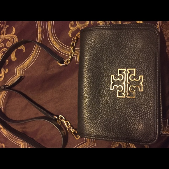 Tory Burch Black Gold Pebbled Leather Crossbody