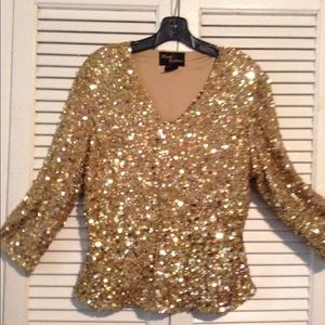 Long-sleeve gold sequined blouse