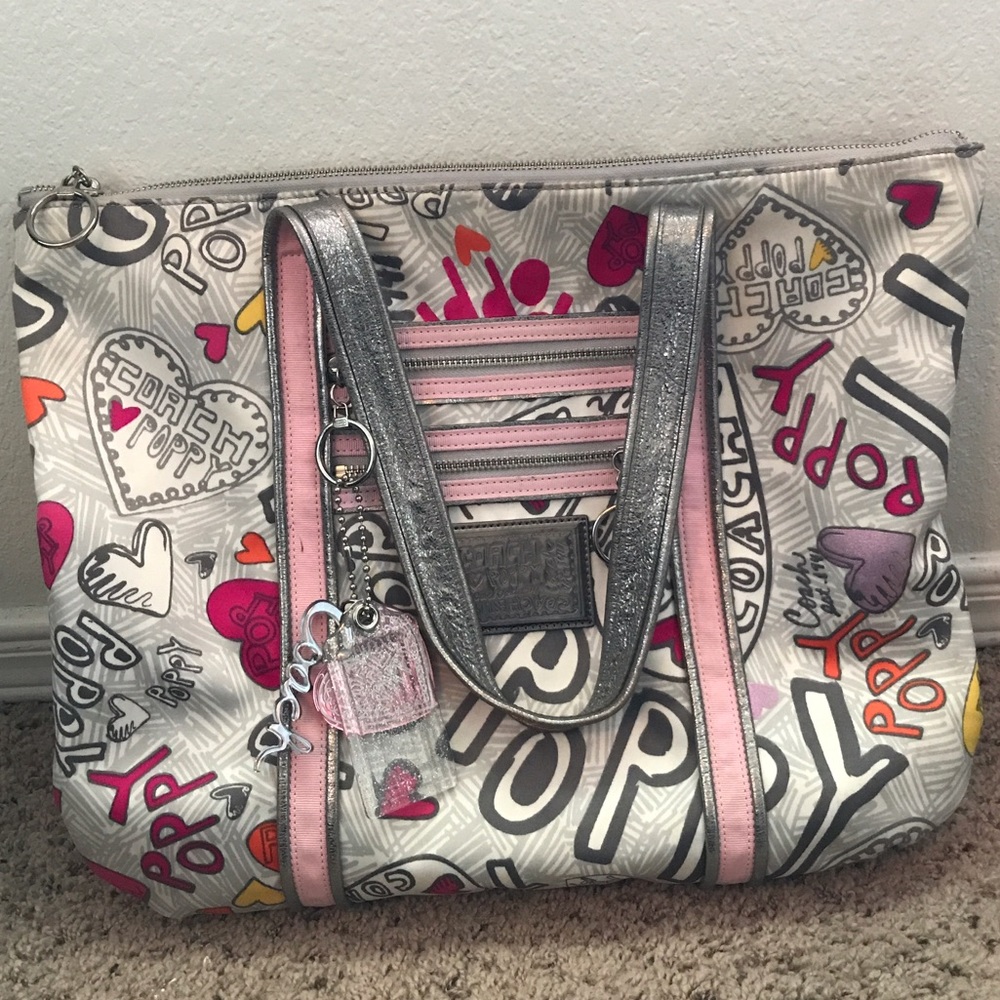 Coach Poppy Pink/Silver Graffiti Heart Glam Tote