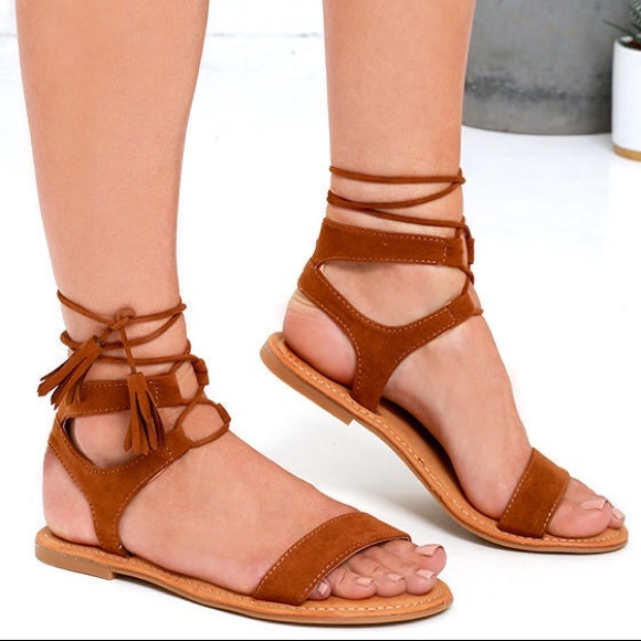 Bamboo Street Fair Cognac Suede Lace-Up Sandals