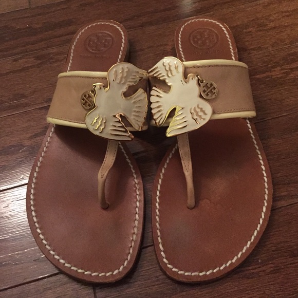 Tory Burch Tan, White, & Gold Leather Bird Sandals