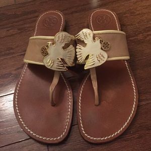 Tory Burch Tan, White, & Gold Leather Bird Sandals