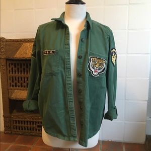 Army green military inspired jacket with patches