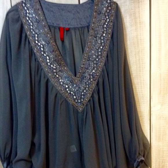 Beautiful Sheer Blouse with Beaded Neckline Size S