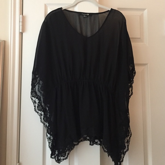 Forever 21 black flowy blouse with lace detail