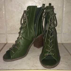 Brand New Olive Lace Up Open Front Block Heels
