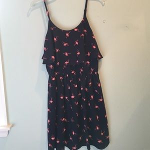 navy tiered dress with flamingos