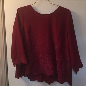 burgundy embroidered back button shirt
