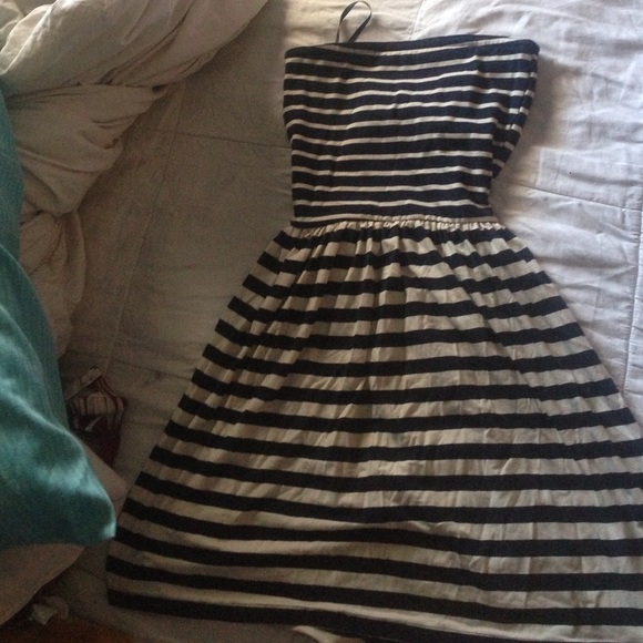 Dark navy blue striped strapless dress