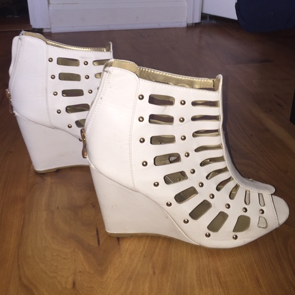 White and gold studded wedge heels