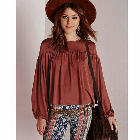 Tie Cuff Slinky Peasant Top Brown