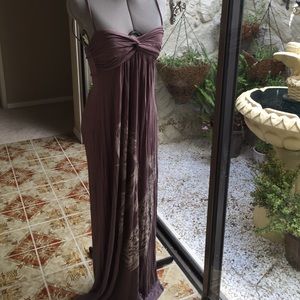 Jersey knit mauve maxi dress with peacock print