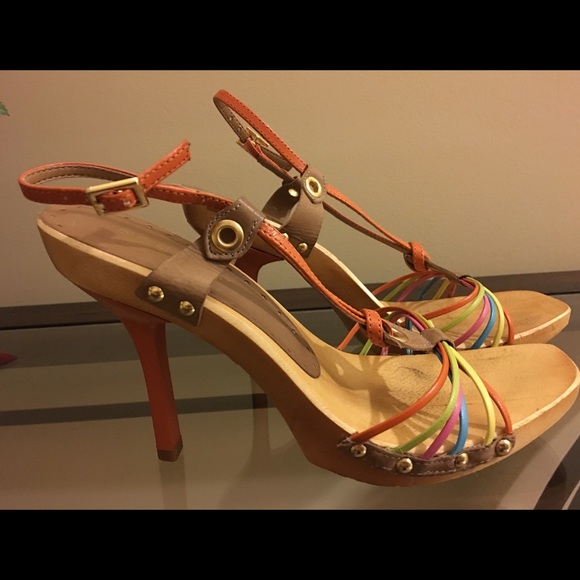 BCBG  Multi-Color Leather Strap Heeled Sandals