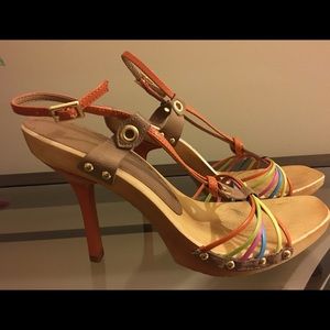 BCBG  Multi-Color Leather Strap Heeled Sandals