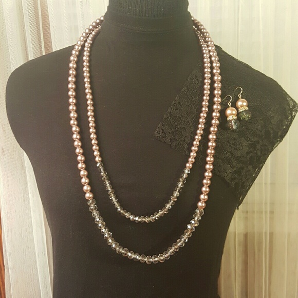 Beaded Pink and Smoky Quartz Necklace Set