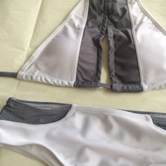 White and Stripe Patch Halter Bikini Set - Picture 3 of 3
