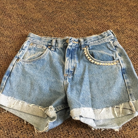 Hand-studded high-waisted denim shorts