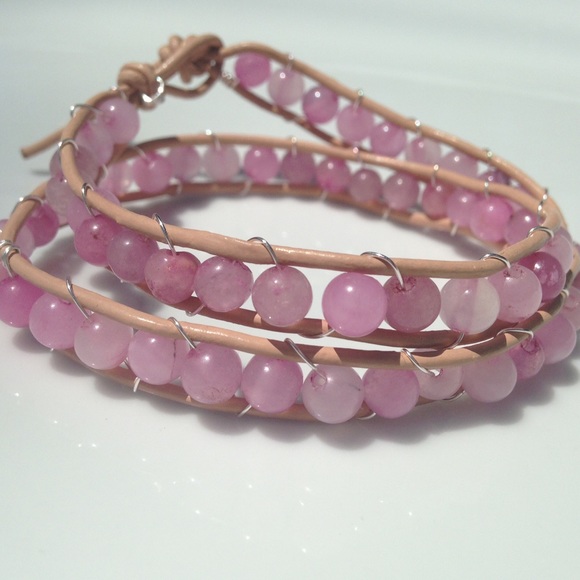leather wrap bracelet pink jade beads