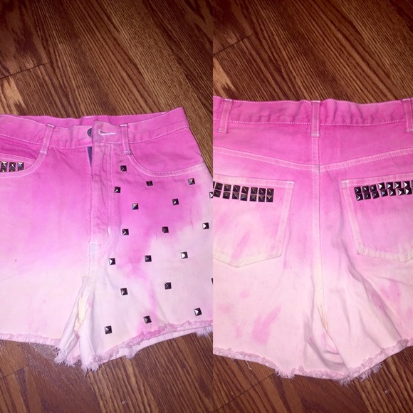Handmade faded hot pink studded jean shorts