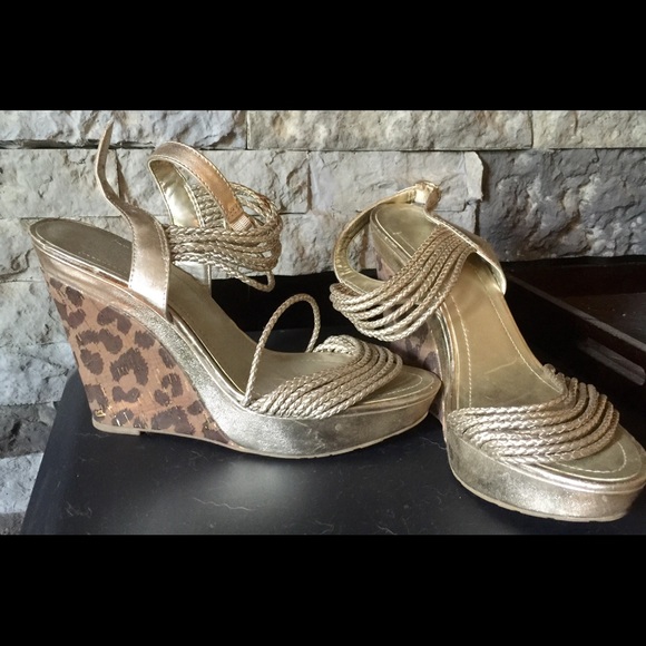 BCBG gold wedge sandals