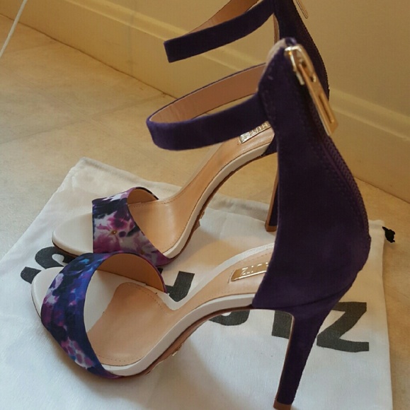 Schutz purple satin floral and suede heels.so cute - Picture 2 of 4