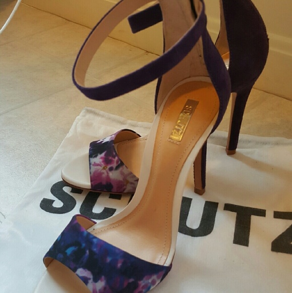 Schutz purple satin floral and suede heels.so cute - Picture 3 of 4