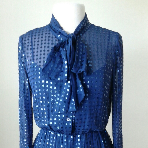 Cadet blue sheer silk demure sequin tie dress SOLD - Picture 3 of 4