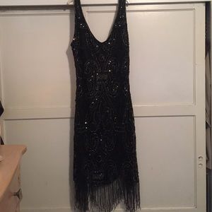 Black beaded 1920s gatsby flapper vintage dress