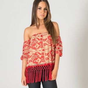 Trade NWOT Line and Dot Red Fringe Off Shoulder