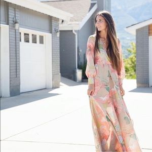 Tropical Floral Print Long Sleeve Dress in Taupe